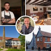 Clockwise from top left: Sam Sturman's Bull Freehouse in Troston, the Greyhound at Pettistree, the Unruly Pig at Bromeswell and Tuddenham Mill are all on Mark Heath's (centre) must-visit list for 2024