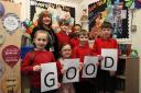Headteacher Debbie Jackson and pupils celebrate the school’s ‘good’ Ofsted report