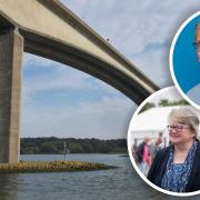 The Orwell Bridge outside Ipswich. Inset, Paul Simon and Therese Coffey
