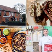 Clockwise from top left: The Unruly Pig and our steak main, Justin Sharp and Pea Porridge retained their Michelin star and Hannah Gregory is planning to open a taco restaurant in Bury St Edmunds