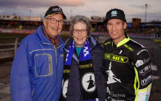 Speedway superfans Alan and Rita Skippings celebrated 60 years of marriage. Pictured with Ipswich Witches rider, Jason Doyle. Image: Stephen Waller Photography