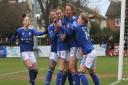Ipswich Town Women players celebrate their opening goal