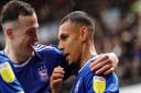 George Edmundson congratulates Kayden Jackson after his early goal in Ipswich Town's 3-0 home win against Burton.