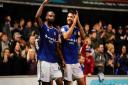 Janoi Donacien and Macauley Bonne celebrate Ipswich Town's 6-0 home win over Doncaster Rovers earlier in the season. They travel to Doncaster tonight