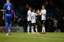 Conor Chaplin celebrates scoring Ipswich's second during the second half at Gillingham