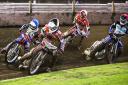 Emil Grondal (yellow helmet), Rohan Tungate (blue), Gino Manzares (red) and Ulrich Ostergaard battle during heat five of the Ipswich v Peterborough (Premier League) meeting at Foxhall Stadium, Ipswich, Suffolk, UK on 27 August 2015. 

Picture: Steve Walle