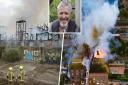 Griff Rhys Jones, inset, is calling for action to protect buildings after the Fisons and Tolly Cobbold fires. Pictures: SARAH LUCY BROWN/ARCHANT/SKY CAM EAST
