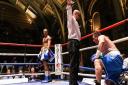 Fabio Wardley, left, celebrates as ref Ian John Lewis waves off the action in the first round at the Ipswich Corn Exchange. Picture: SARA THOMAS
