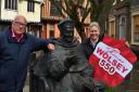 Terry Hunt, chair of Thomas Wolsey 550, with Ipswich Central chief executive Sophie Alexander-Parker at the Wolsey statue on St Peter's Street