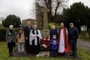 Mary McLaren,  district councillor, Stan Last, Royal British Legion, John Ambrose, chair of Holbrook Parish Council, Sam Lanier, one of Bartly Walshes' great grandchildren, Bishop Martin Seeley and Bartly Walshes son, also called Bartly.