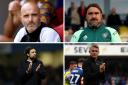 Clockwise from top left: Enzo Maresca's Leicester City, Daniel Farke's Leeds United, Kieran McKenna's Ipswich Town and Russell Martin's Southampton are locked in a four-horse race for promotion to the Premier League