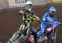Jason Doyle rears on the outside of Richie Worrall in heat five.