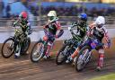 Action from heat 3 with, from the left, Troy Batchelor, Hans Andersen, Erik Riss and Ulrich Ostergaard hitting the first bend.