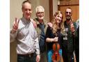 Daniel Coe and Jack Douglas, who  led an online masterclass with West Suffolk College students, pictured with Ringo Starr and Rhea Fowler