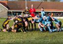 Southwold and Woodbridge scrum down. Picture: PAUL LEECH