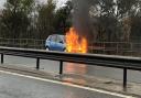 A vehicle caught fire on the A14 at the Orwell Bridge yesterday