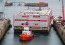 An accommodation barge arriving in Falmouth, Cornwall