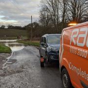 The RAC came to aid the driver whose car got stuck in floodwater on Lower Road, Lavenham