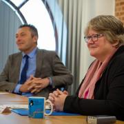 Minister for work and pensions Therese Coffey and John Dugmore chief executive of the Suffolk Chamber of Commerce at the Kickstart Scheme launch in September.