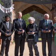 Recipients of the Suffolk Medal L-R Boshor Ali, James Buckle, Maggi Hambling, Nigel Oakley and Dame Clare Marx.