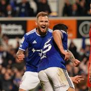 James Norwood celebrates with Sam Morsy, after Morsy had scored to take Town 2-1 up.