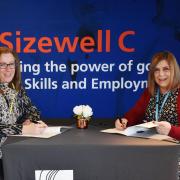 From left Sarah Hancock, HR director at Sizewell C, and Suffolk New College principal Viv Gillespie at the signing of the memorandum of understanding