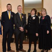 L to R: William Smith, MBE, Matthew Read, BEM, Simon Scammell, BEM, Lord-Lieutenant of Suffolk, Countess of Euston, Clare FitzRoy, Sue Doolan, OBE, and Douglas Field, OBE.