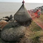 Large bags of rocks were used to reinforce the sea defences near Felixstowe Golf Course