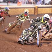Anders Rowe on the way to victory in heat two - a rare win for the Ipswich Witches in their heavy defeat at Peterborough Panthers