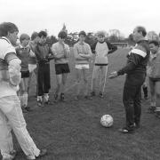 Sir Bobby Charlton hosting a soccer school session at Thurleston High School in 1985
