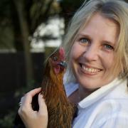 East Anglian food writer Tessa Allingham with one of her seven prized hens, whom she describes as a source 
of absolute joy. Photo: Contributed