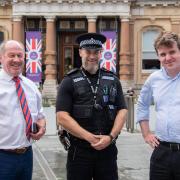 Ipswich MP Tom Hunt (right) with Tim Passmore, Crime Commissioner, and Insp Domenic Mann on their town centre tour to talk to the public about safety