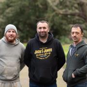 Daniel McClure, Carl Chatfield and Duane Leamey, who have come together to raise money for St Elizabeth Hospice, Emmaus and Combat2Coffee by walking from Cambridge to Ipswich.