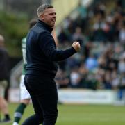 Plymouth boss Steven Schumacher celebrates the home win over Ipswich Town