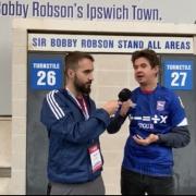 Ross Halls, left, speaks to Ipswich Town fan Ben De\'ath after yesterday\'s 1-0 defeat to Lincoln City