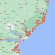 A map showing the parts of the Suffolk coast that will be in danger should the sea level rise by one metre has been published.