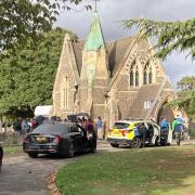 Film crews at Old Ipswich Cemetery on Tuesday, October 25