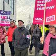 UCU strikers outside the University of Suffolk near the Ipswich Waterfront