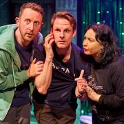 The Time Machine began its run at the New Wolsey Theatre ahead of a UK tour. L-R: Michael Dylan, Dave Hearn and Amy Revelle. Credit: Manuel Harlan