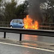 A vehicle caught fire on the A14 at the Orwell Bridge yesterday