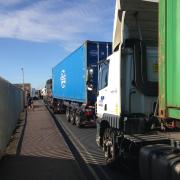Parked lorries were calling severe delays around Felixstowe this morning