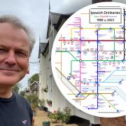 Tony Holden made a map of all the pubs and drinkeries in Ipswich and nearby villages since 1980, Tony Holden