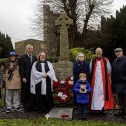 Mary McLaren,  district councillor, Stan Last, Royal British Legion, John Ambrose, chair of Holbrook Parish Council, Sam Lanier, one of Bartly Walshes' great grandchildren, Bishop Martin Seeley and Bartly Walshes son, also called Bartly.