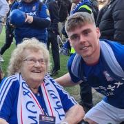 Irene Davey with Leif Davis after Ipswich Town secured promotion last season