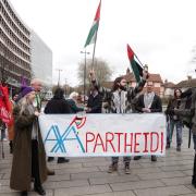 Protestors demonstrated outside the AXA building in Ipswich