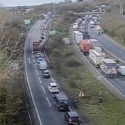 There is heavy traffic on the A14