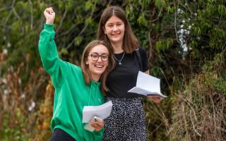 A-Level results day at St Albans High School in Ipswich. Esther Speller and Lucy Brace picking up their AS -Level results.