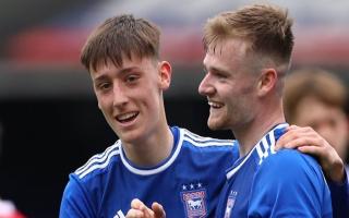 Cameron Humphreys, left. congratulates Tommy Hughes after his first goal in Ipswich Town U23's win over Sheffield United