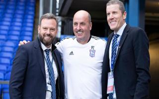 Paul Cook with Brett Johnson and Mark Ashton after the 2-1 victory over Fleetwood at Portman Road