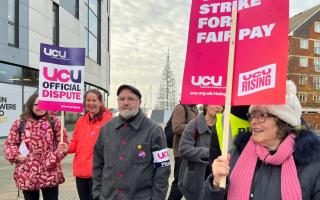 UCU strikers outside the University of Suffolk near the Ipswich Waterfront